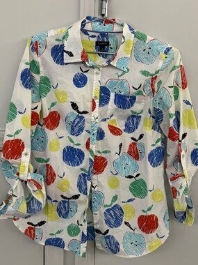 Talbots Apple Print Button Up Shirt Womens S Roll Tab Sleeve Teacher Gift Top